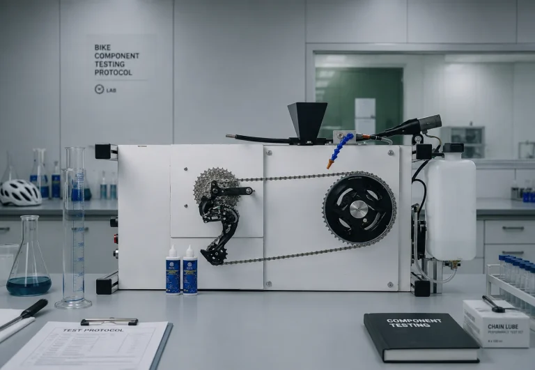 Испытательный стенд Gelta Sport Lab в лаборатории: цепь, кассета, шатунный узел с измерителем мощности, дозатор песка и подача воды
