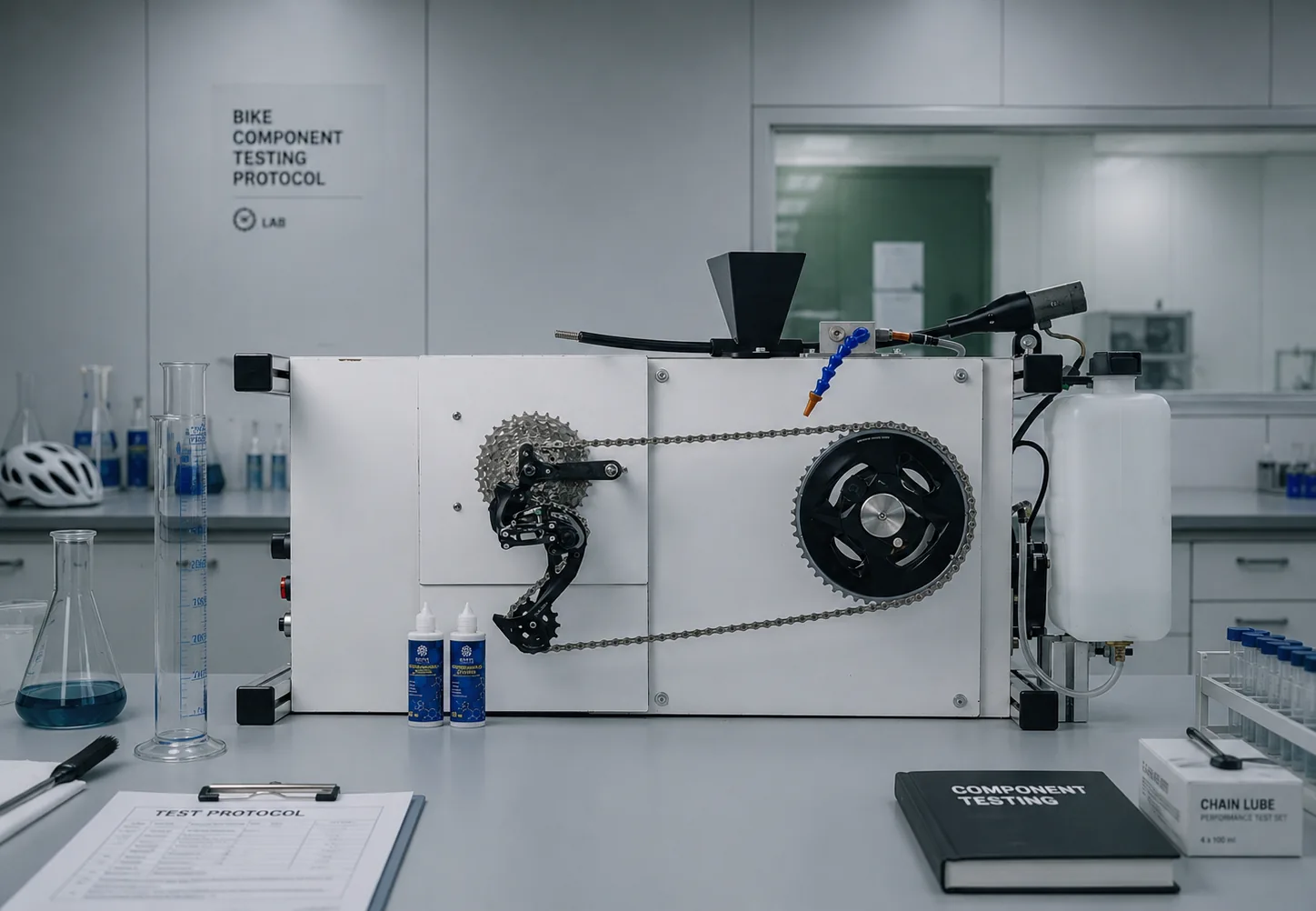 Испытательный стенд Gelta Sport Lab в лаборатории: цепь, кассета, шатунный узел с измерителем мощности, дозатор песка и подача воды